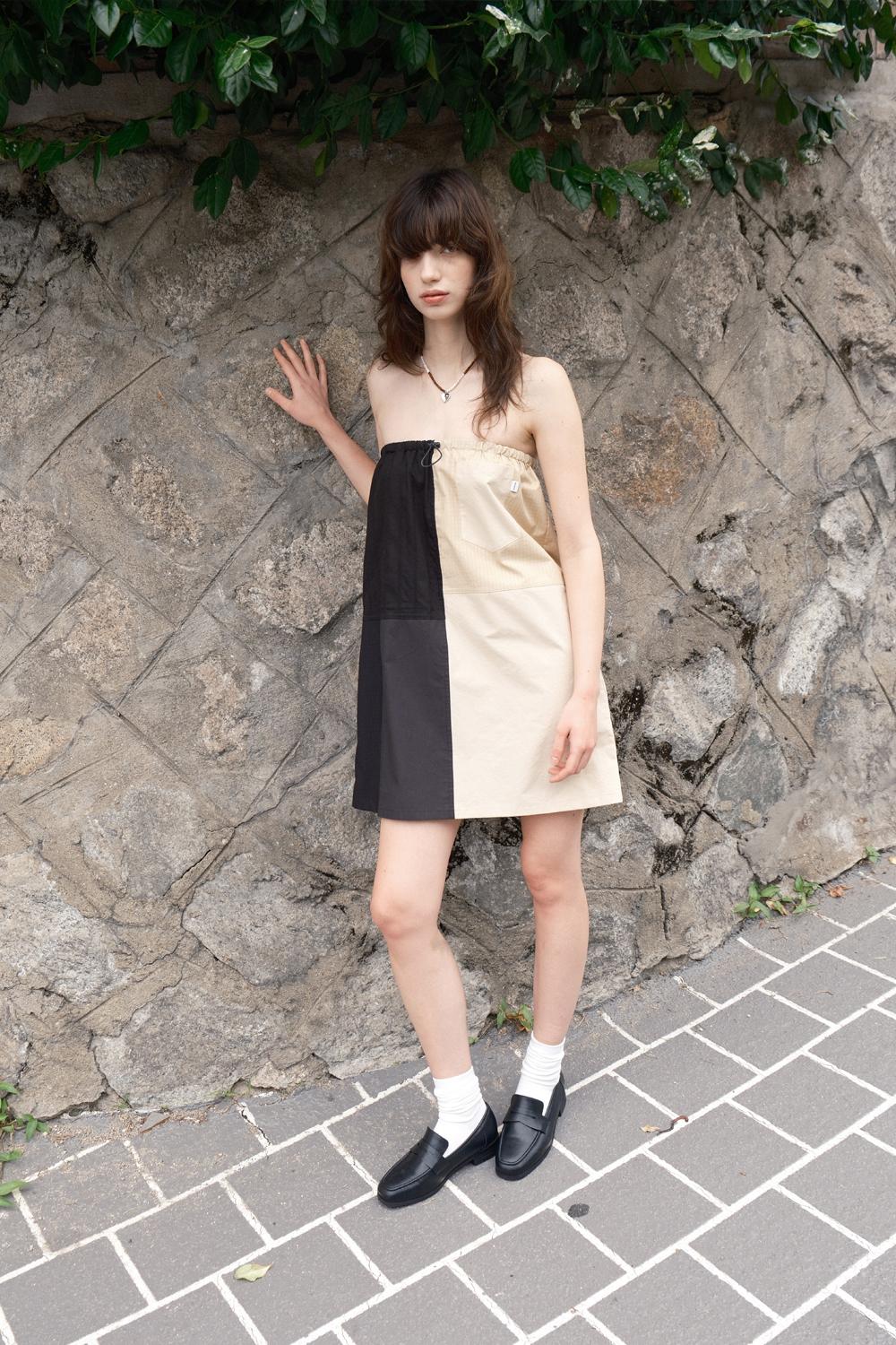 PATCH WORK TUBE MINI DRESS (BEIGE+BLACK)