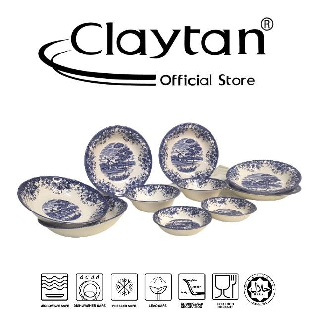 CLAYTAN 10 PCS FAMILY SET (4 Pax) Lead Safe Ceramic Tableware Pinggan Mangkuk Microwave Safe - Windmill Blue