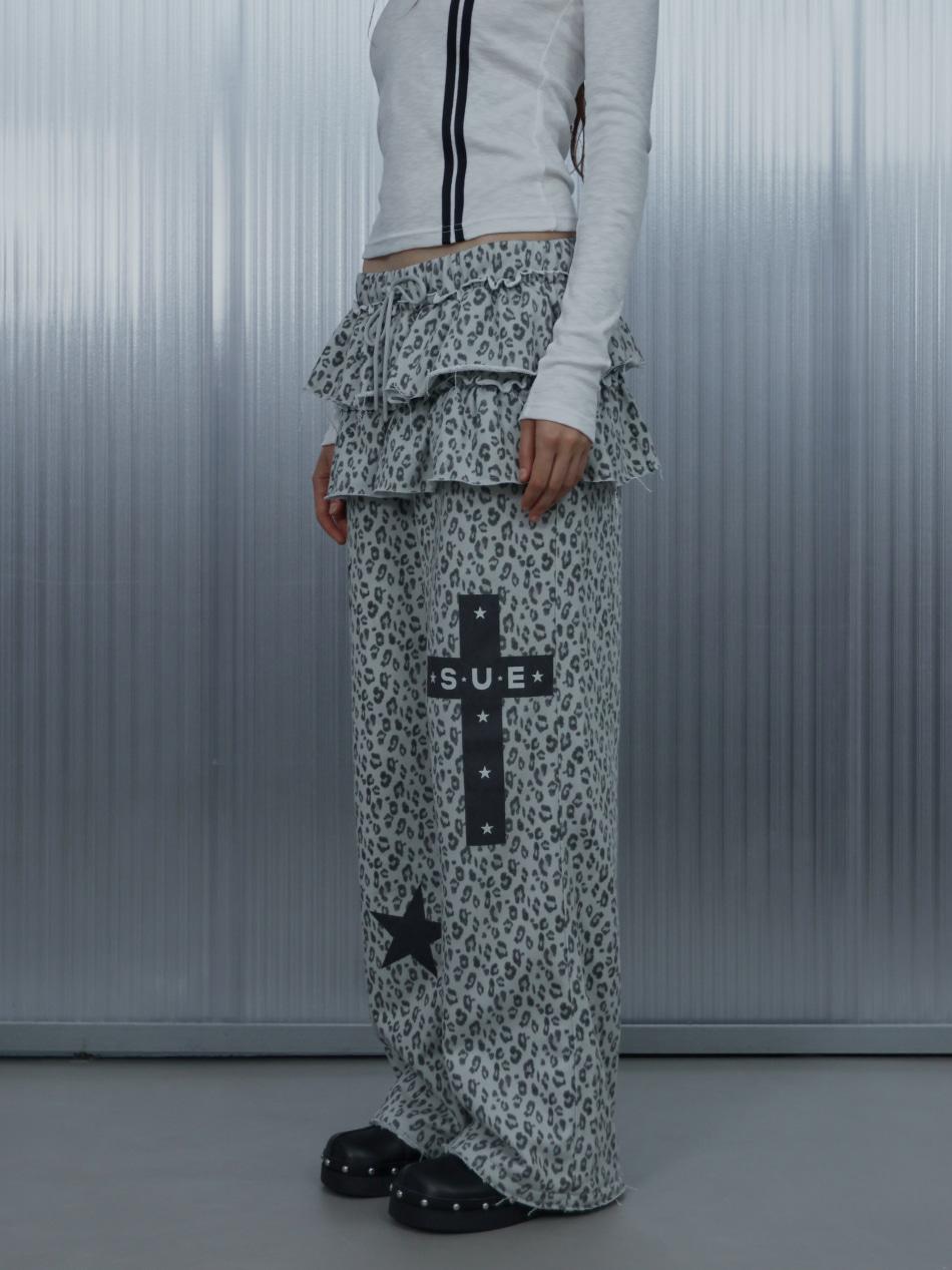 FRILL LEOPARD PRINT PANTS /  GRAY
