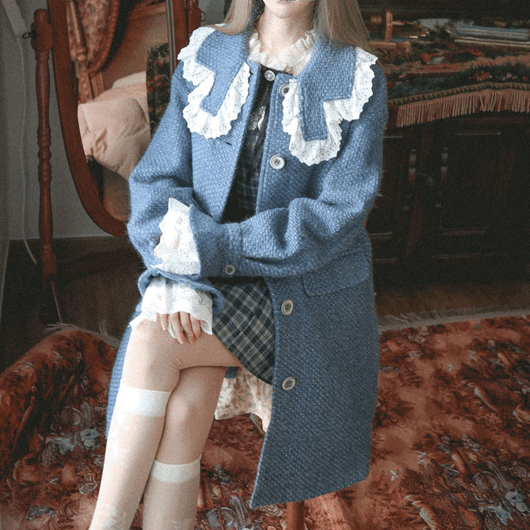 트윌 레이스 배색 빅 카라 트위드 코트 ct0005