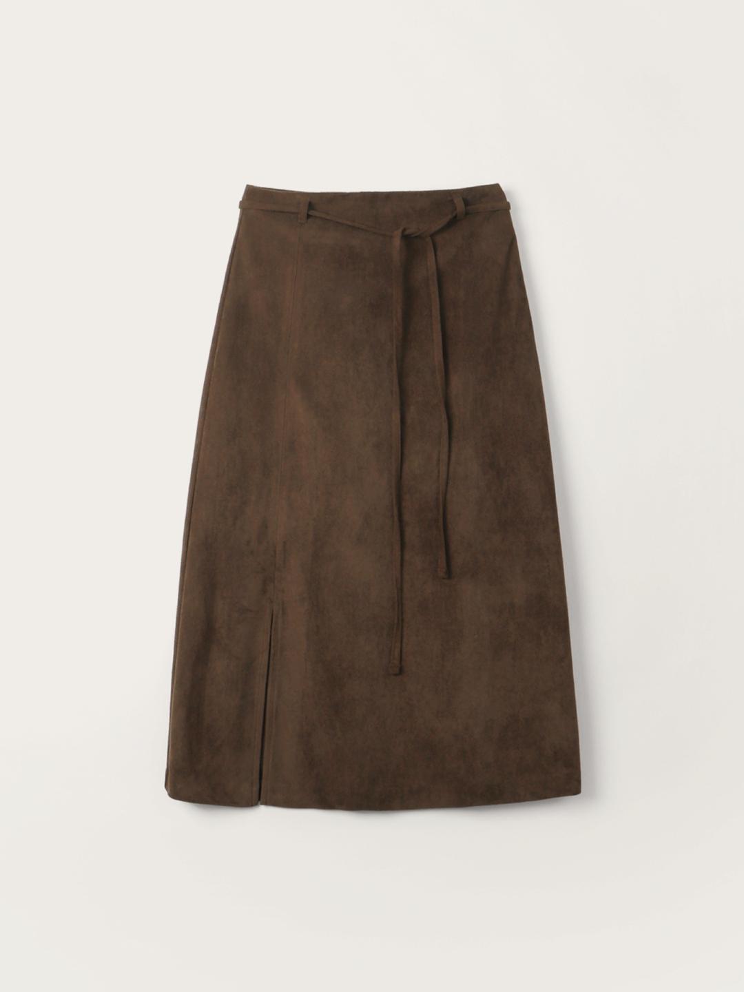 Side Slit Suede Long Skirt (Brown)
