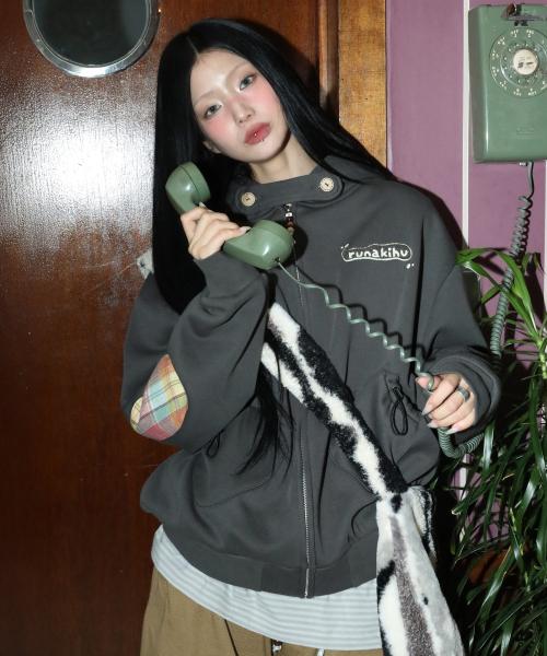 WXJ026 유메이로 체크 배색 기모 후드 집업 (CHARCOAL)