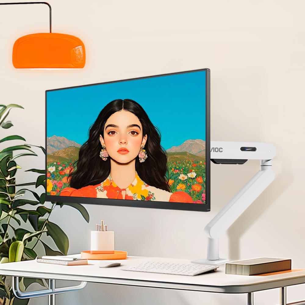 알파스캔 AOC AM406 울트라 글래시어 화이트 싱글 모니터암 거치대 듀얼 데스크테리어 | Alphascan