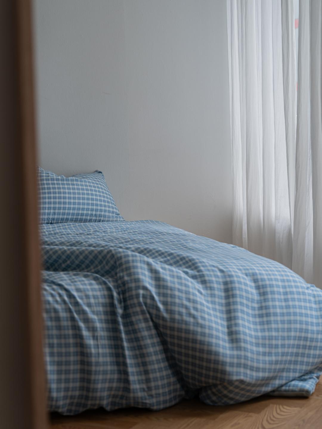 스카이 블루 체크 모달 옥수수솜 무봉제 차렵이불