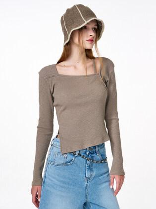 Square Neck Slit T-Shirt, Ash Brown