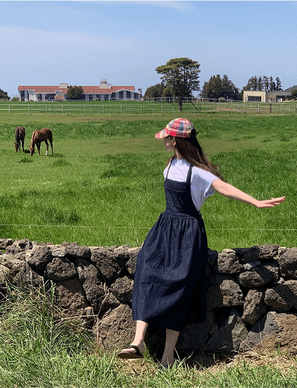 조이 멜빵 데님 롱원피스