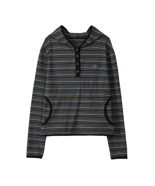 DD stripe trim hooded long sleeve (BLACK)