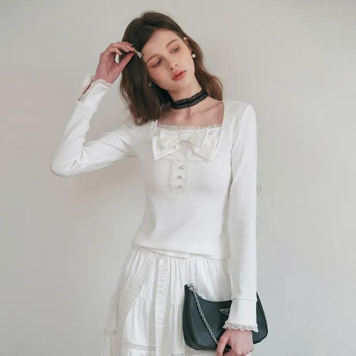 Cest_Ribbon square neck long sleeve top