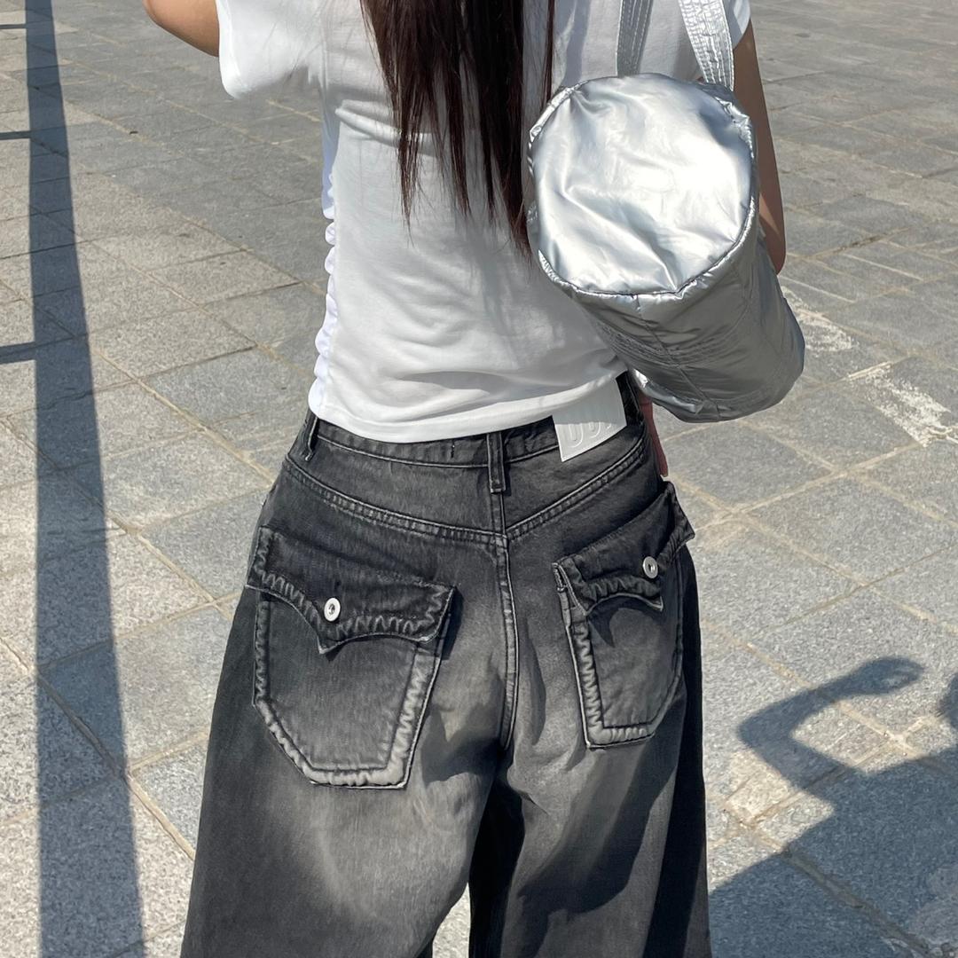 도스밀 [핏보장!]백 포켓 포인트 워싱 롱 와이드 데님 팬츠(흑청)