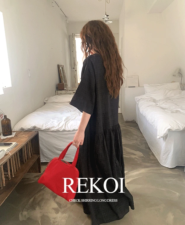 💘BEST [REKOI MADE]  체크 셔링 롱 원피스 (2color)