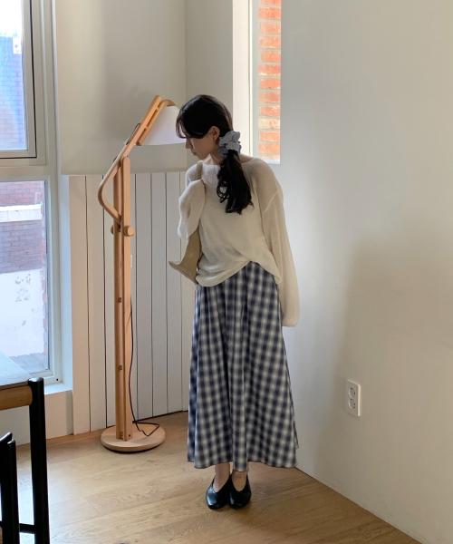 Check flared long skirt
