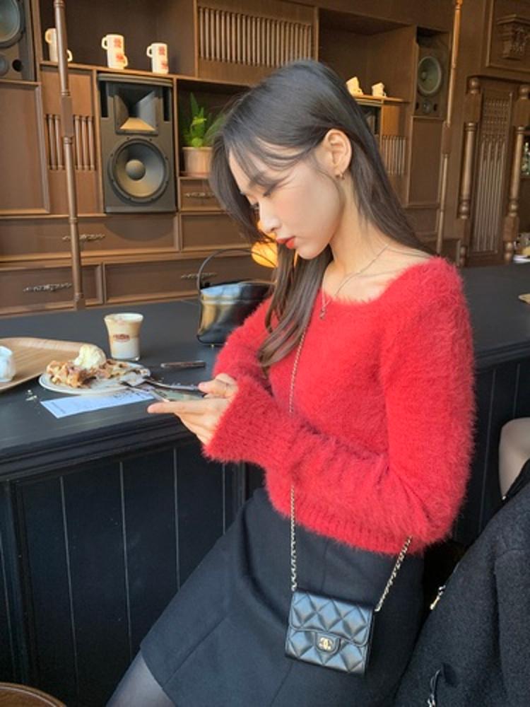 [폭닥폭닥/정말부드러워요] 스퀘어 레빗 퍼 니트_레드