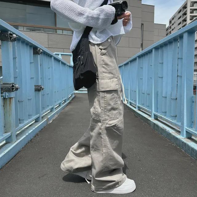 베이지그레이 Y2K 레트로 코튼 건빵 카고 세미 와이드팬츠