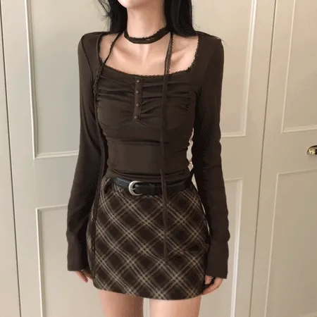 [저렴이X당일출고!초커세트!핏보장🤎]셔링 스퀘어넥 콩단추 스판 긴팔티셔츠 4color