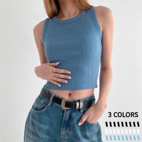 여자 민소매 무지 여름 골지 바인딩 크롭나시 티셔츠