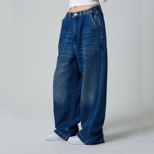 스냅 버튼 와이드 데님 팬츠 빈티지 딥블루