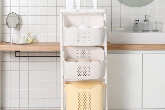 [쿠폰가 16,055원]버터컬러 출시! 이동식 스윙 3단 트롤리 빨래바구니