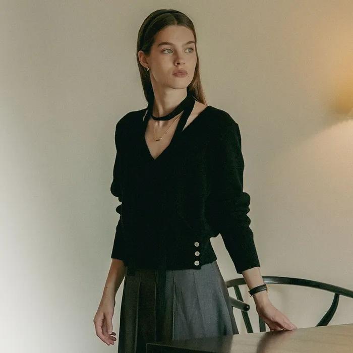 Tie set raccoon wrap cardigan_Black