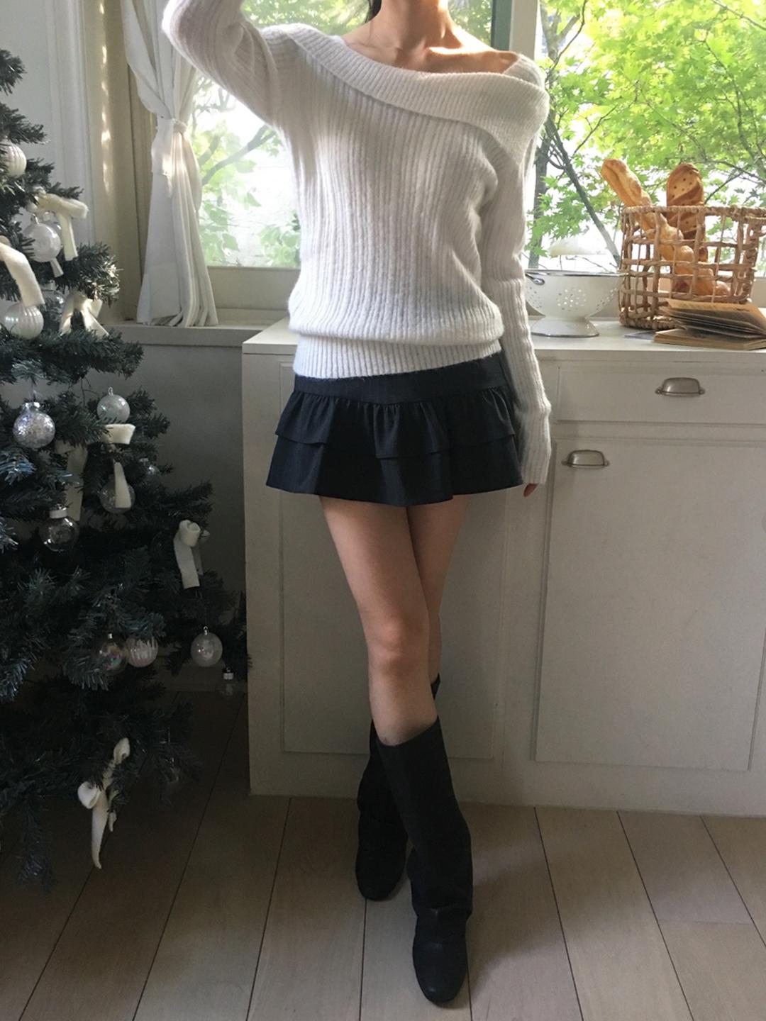 노비야카 [누적1천장] Frill mini stripe skirt pt (beige, charcoal)