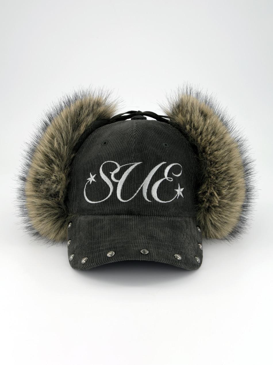 CORDUROY FUR EARFLAP CAP / CHARCOAL