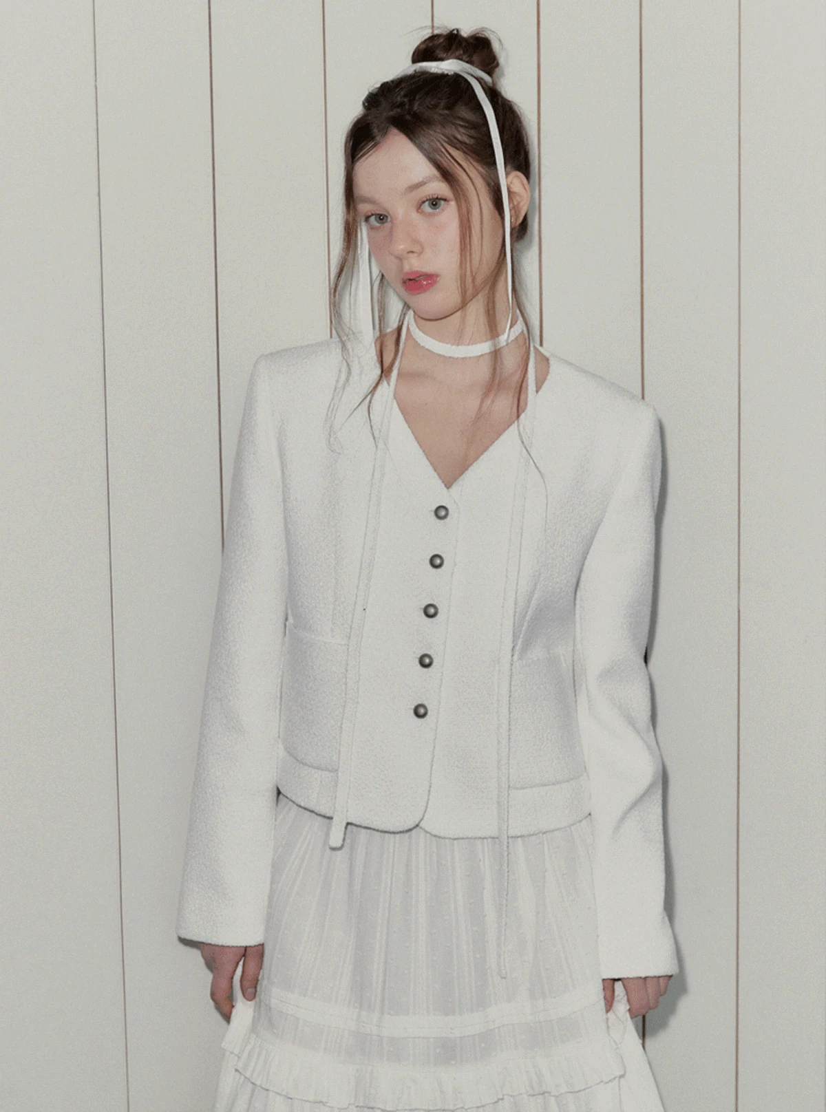 로안 트위드 브이넥 싱글 버튼 긴팔 자켓(스트랩set)