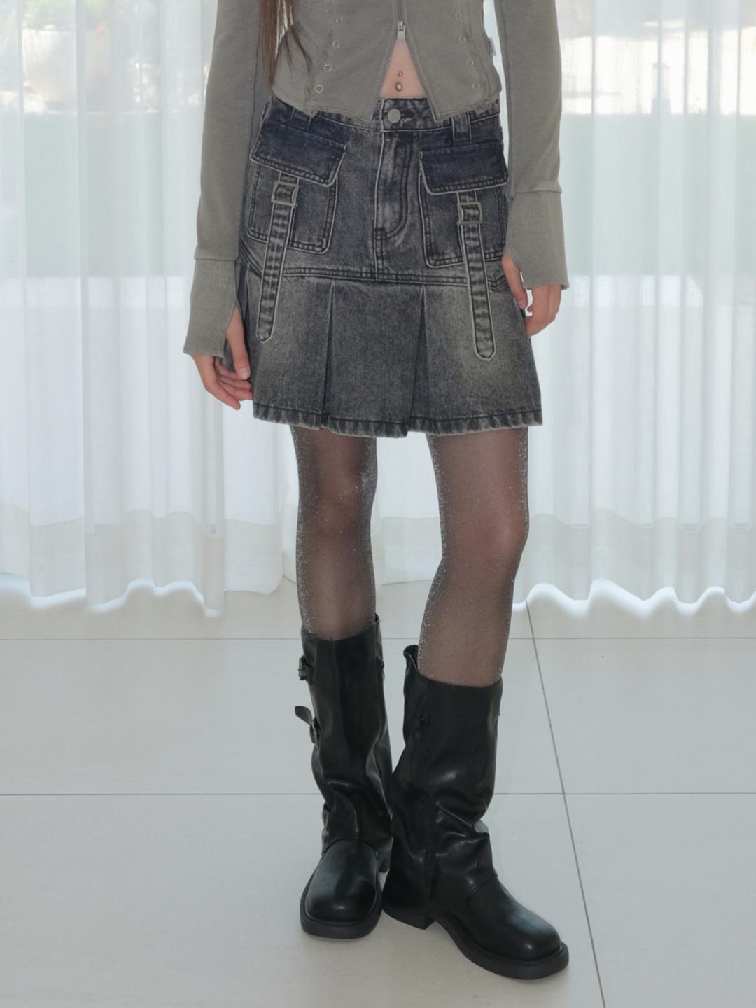 LOW DENIM MIDI SKIRT [GRAY]