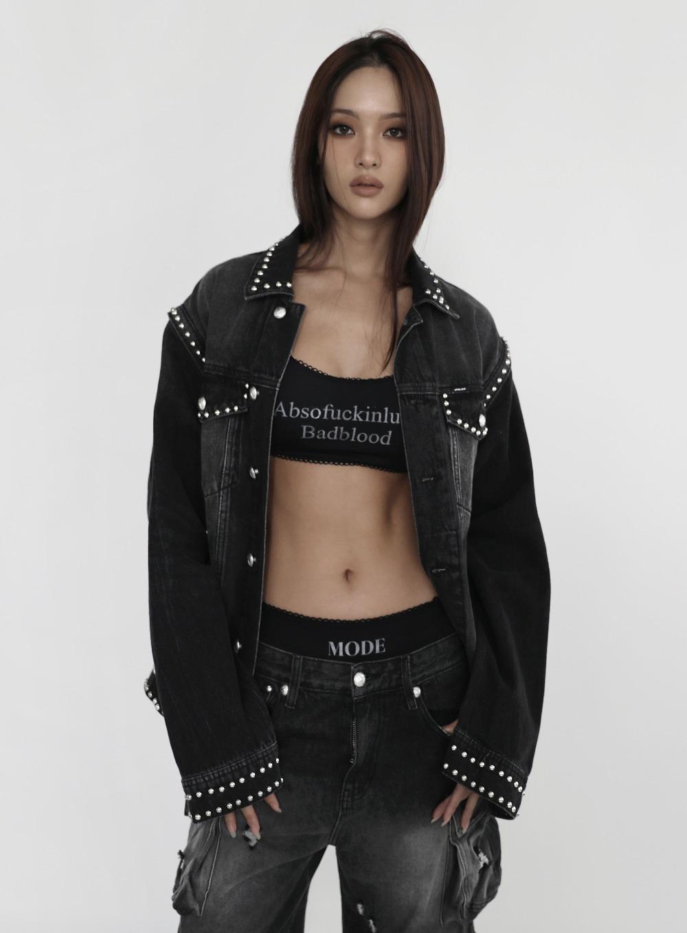 [w-jkt23-024] 디태쳐블 슬리브 스터드 데님 트러커 라지핏 - 블랙