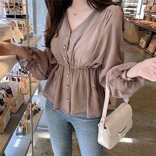 [메가세일] bs5338 페플럼 디자인과 잔잔한 요루 패브릭의 리본스트링 v넥 콩단추 긴팔블라우스 blouse