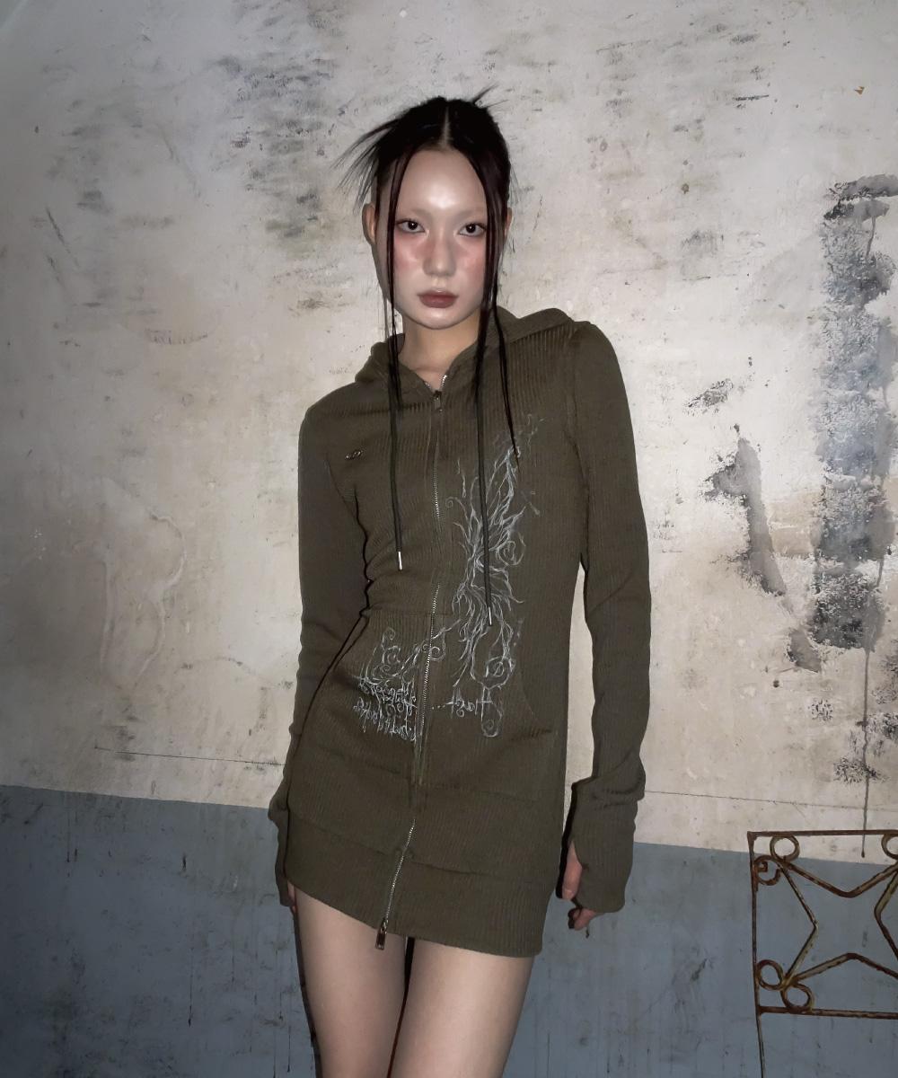 Knitted long hoodie zip-up (Khaki)