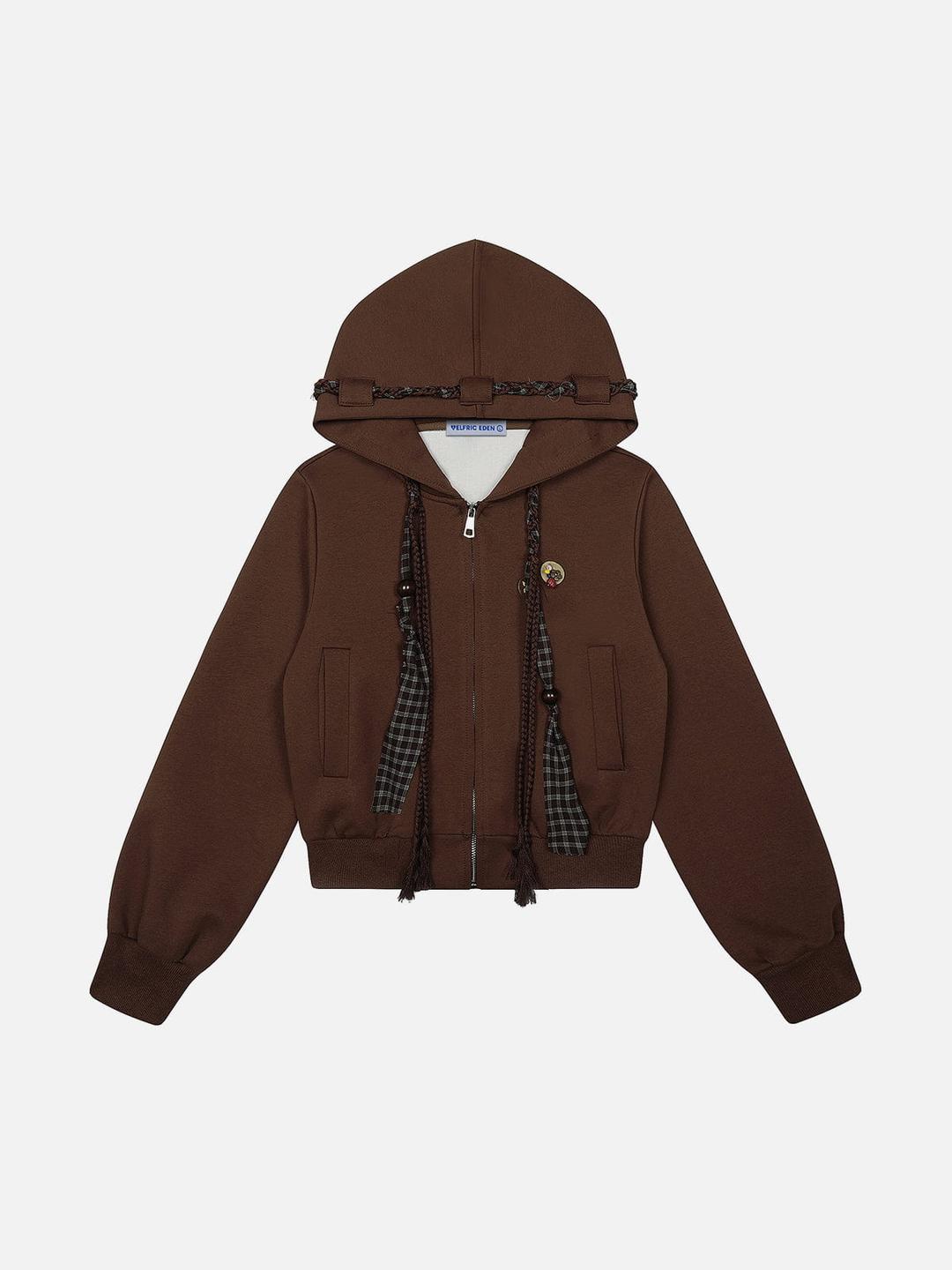 Aelfric Eden Cropped Plaid Rope Zip Up Hoodie - Brown / XS