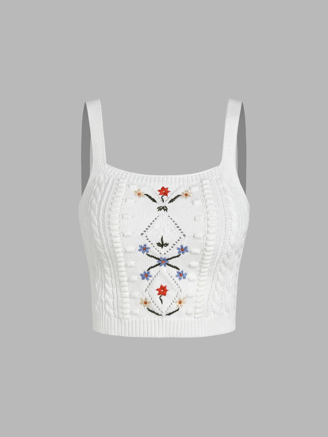 플로럴 니트 스퀘어넥 크롭 탱크탑