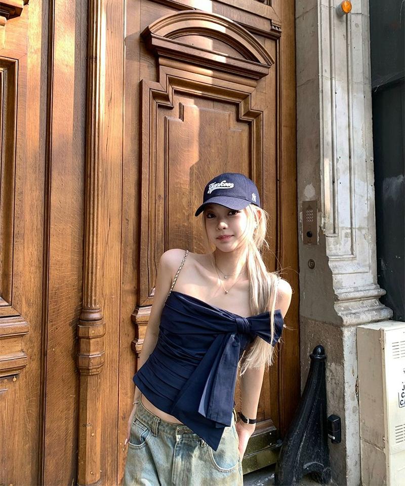 리본 셔링 코튼 튜브탑