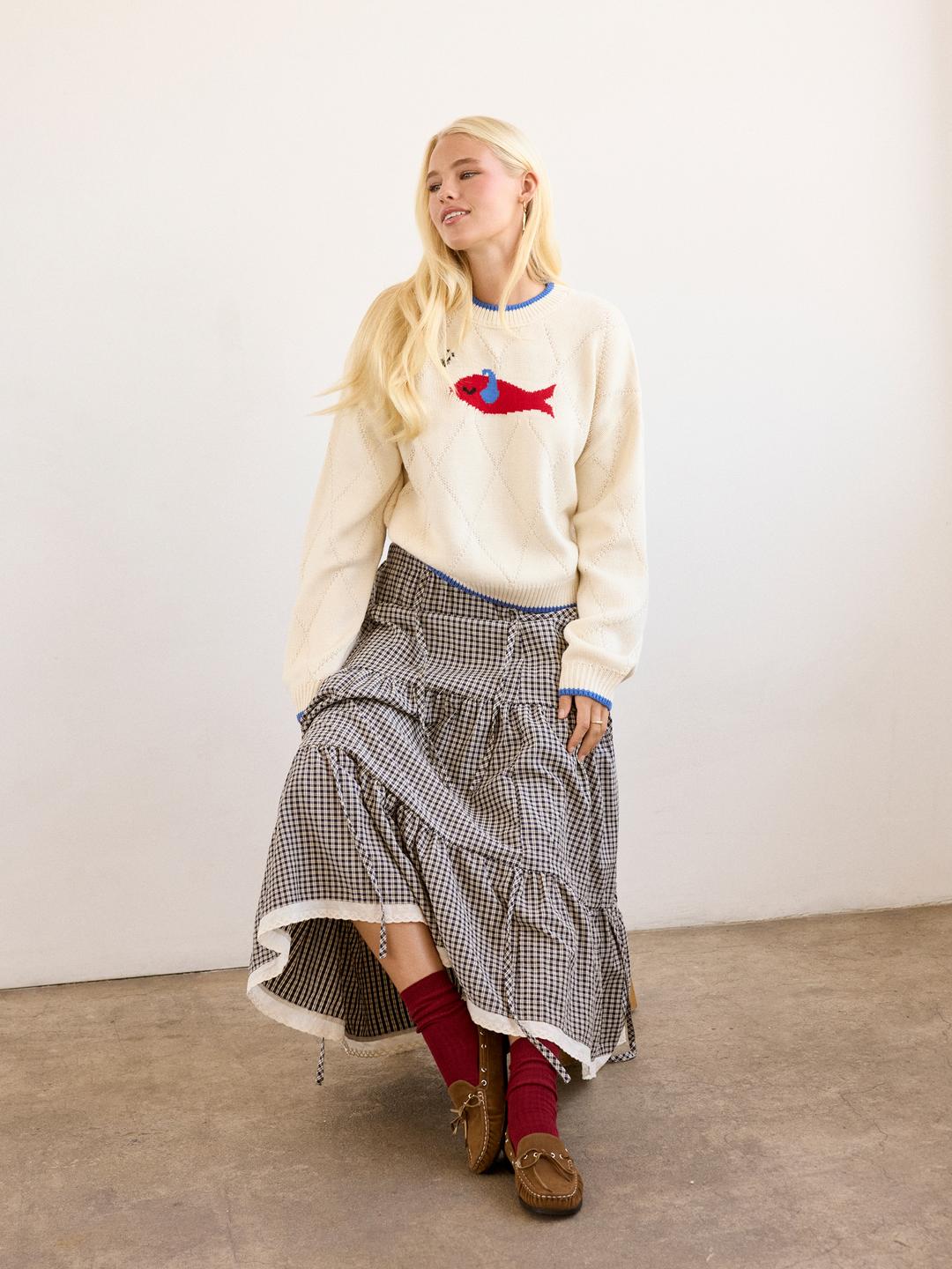 Knit Round Neckline Fish Graphic Contrasting Binding Oversized Top