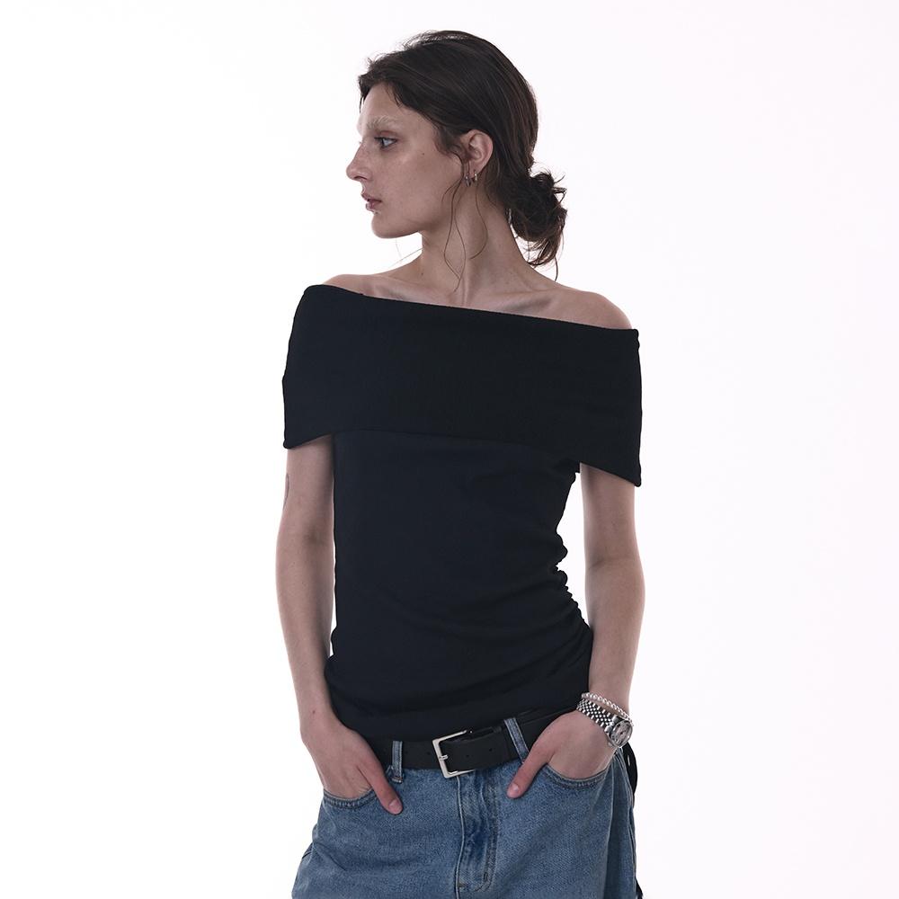 골지 스트링 슬림핏 오프숄더 반팔 탑 티셔츠  [블랙]