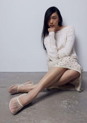 레더 트림 메쉬 발레 플랫