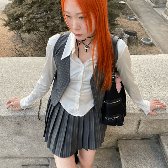 [단품가능] 프레피 스트라이프 베스트 플리츠 스커트 세트