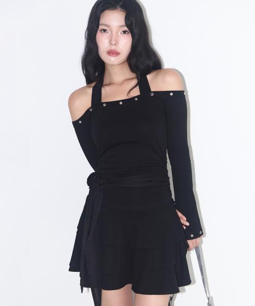 플레어 아일렛 오프숄더 원피스 블랙