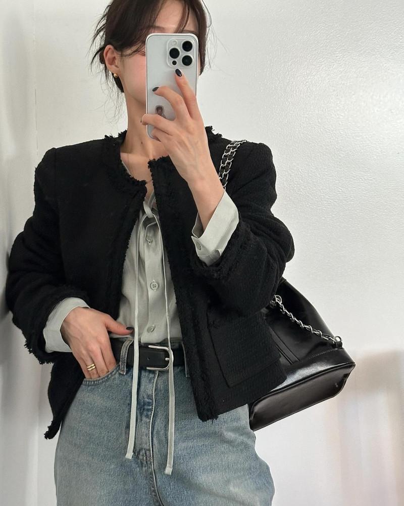 튜어 가을 여성 울 루즈핏 트위드 자켓