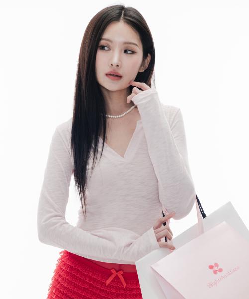 V넥 셔링 카라 슬라브티셔츠_핑크