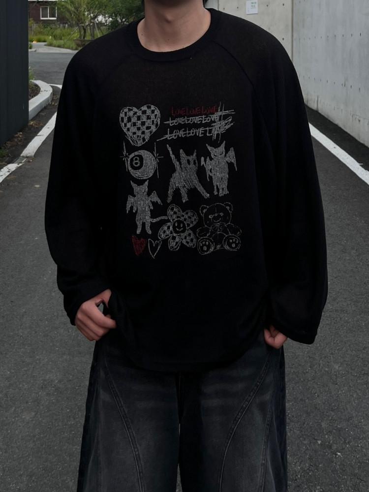 러브 캣 프린팅 루즈 티셔츠 4C