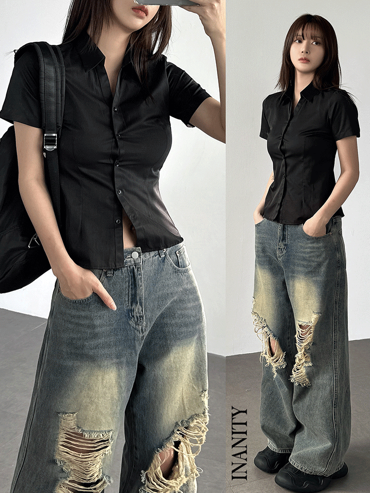 당출🚀[긱시크🖤/2size] 무지 브이넥 카라 슬림핏 세미 롱 반팔 셔츠 3color