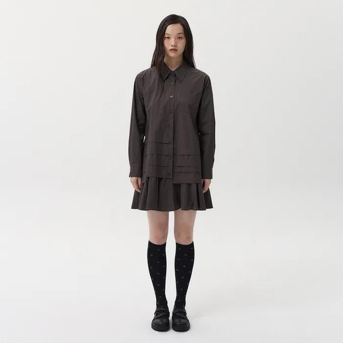 FRILL LAYERED POCKET SHIRT DRESS, BROWN