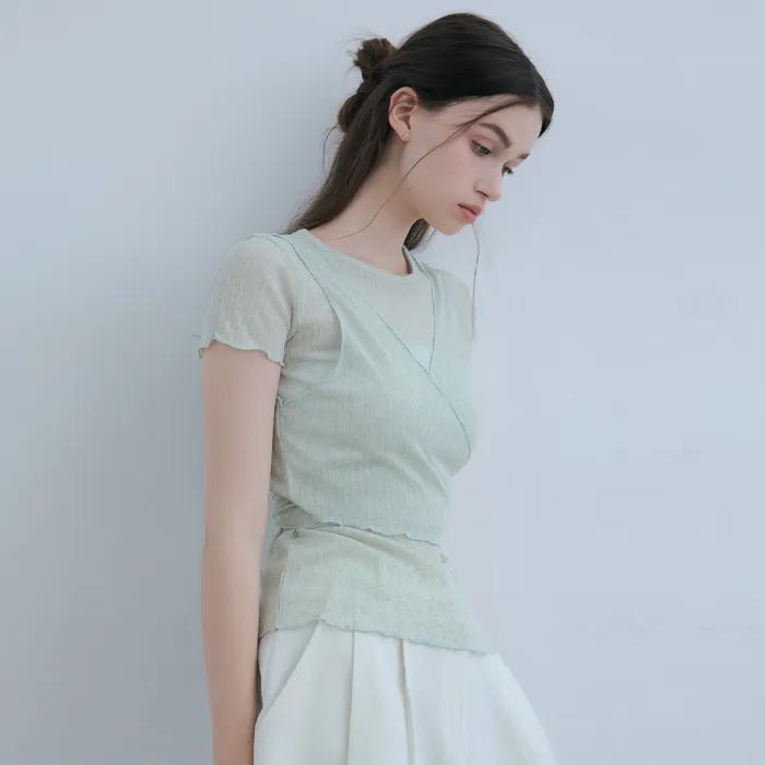 [SET]_시스루프릴 캡슬리브 티+레이어링 탑-애플그린