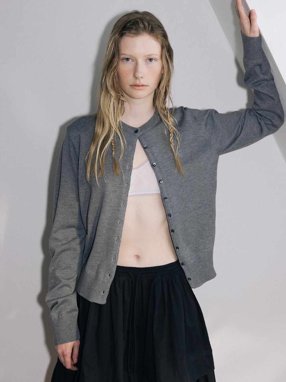 BASIC ROUND LONGSLEEVE CARDIGAN, GRAY