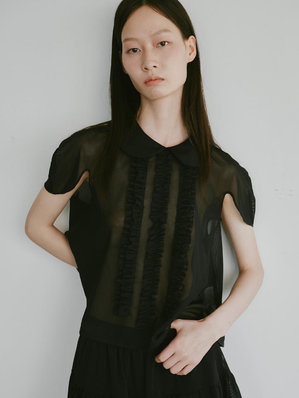 [PLZPROJECT]SEETHROUGH FRILL BLOUSE, BLACK