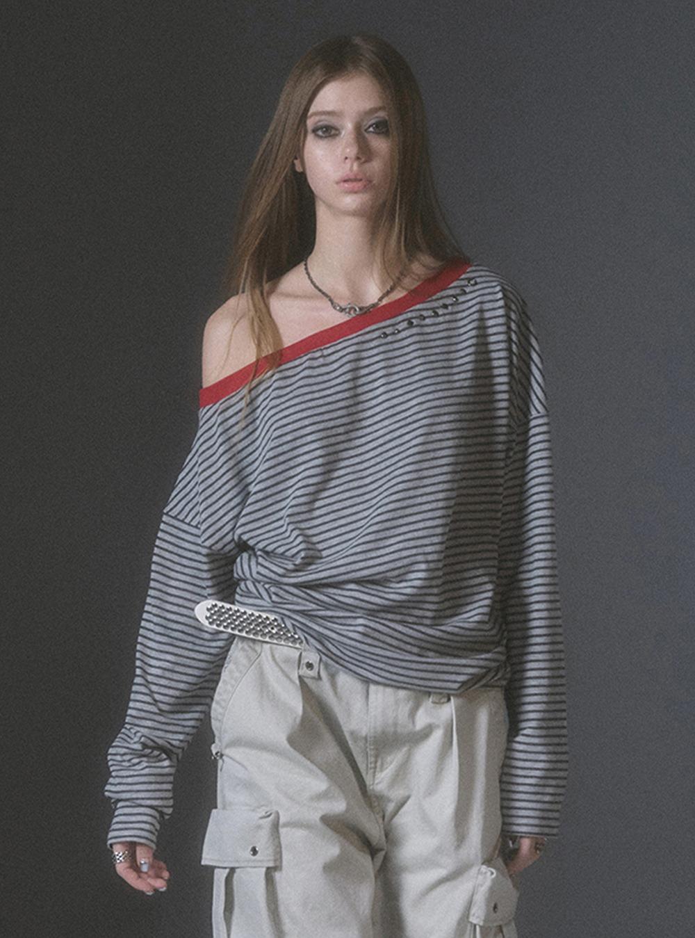 Striped Off Shoulder Loose Long T-Shirt