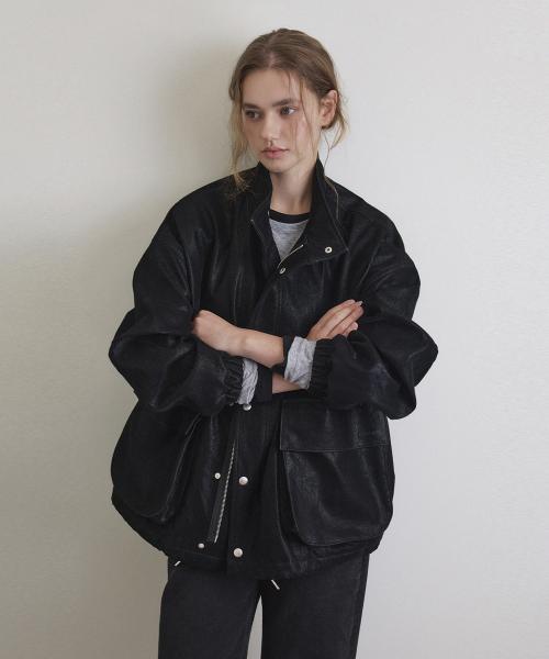 오버핏 필드 숏 레더 자켓_Subtle Black