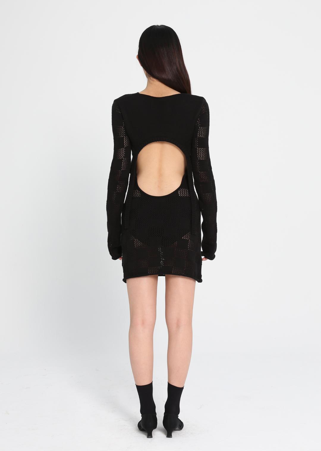 CHECKERBOARD OPEN BACK KNIT DRESS BLACK