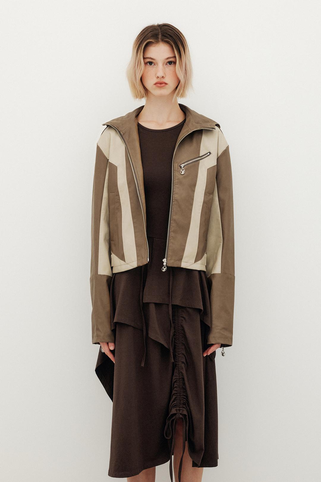 COLOR BLOCK LEATHER HOODIE BIKER JACKET - BEIGE/CREAM