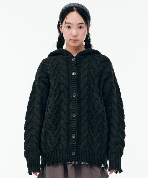 DAMAGED CABLE CARDIGAN [BLACK]